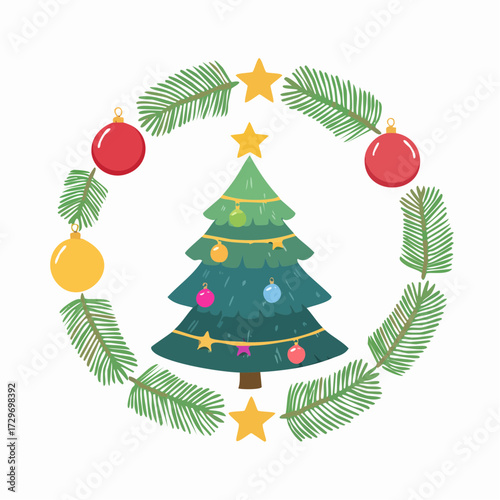 円形フレームとクリスマスツリーの華やかなベクター素材