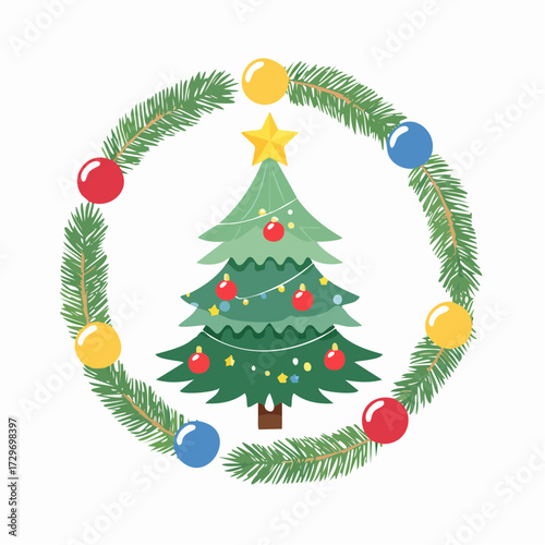 円形フレームとクリスマスツリーの華やかなベクター素材