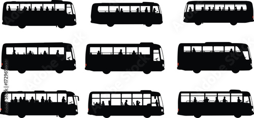 Bus silhouette vector illustration, passenger vehicle artwork, commuter transport design, public coach graphic, city travel service, people journey icon, 