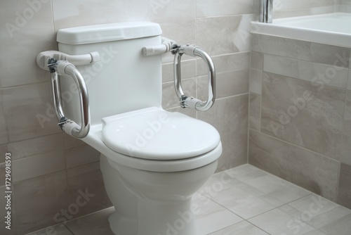 Accessible modern bathroom with white toilet and safety grab bars for elderly or disabled individuals, tiled walls and floor, and natural lighting