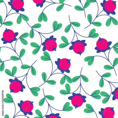 Seamless Fruit Pattern with Pink Pomegranates and Green Leaves on White Background 