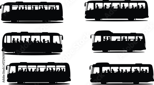 Bus silhouette vector illustration, passenger vehicle design, public transport graphic, commuter bus artwork, travel service icon, transportation people, city bus, coach