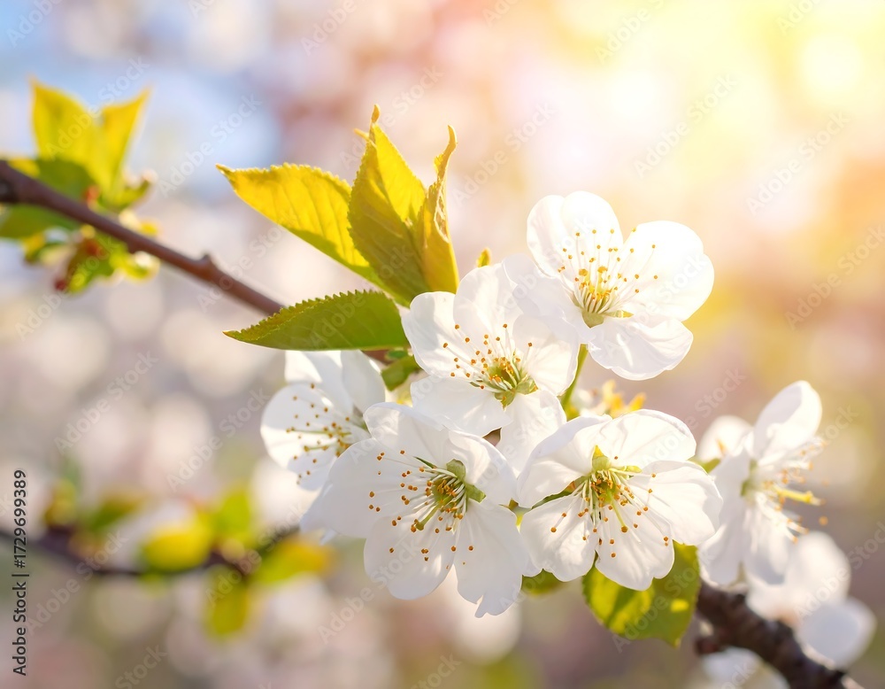 Obraz premium Blossoming cherry branch in sunlight