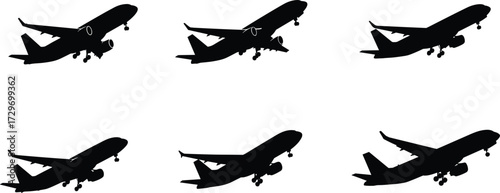 Airplane silhouette, jet aircraft, passenger plane, aviation design, commercial jet, airline transport, flying airplane, travel vector, isolated airliner, aviation graphic.