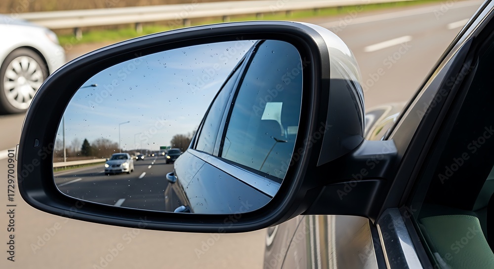 Naklejka premium Car Side Mirror Reflecting Highway Traffic and Road.