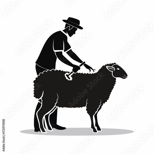 Iconic black silhouette of a farmer carefully shearing a sheep, representing agriculture and wool harvesting