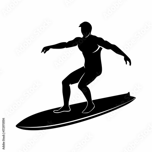 Dynamic black silhouette of a male surfer expertly riding a wave, capturing the thrill of watersports and an active lifestyle. Ideal for athletic and summer-themed graphic design projects