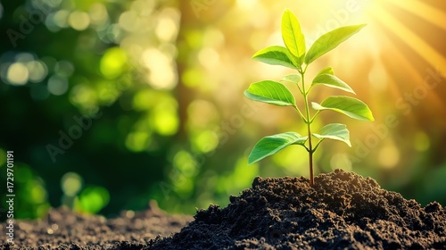 sapling. Young sapling emerging from rich soil, sunlight filtering through leaves in a detailed macro view. gardening catalogs, home-decor guides, designed for gardening and botanical catalogs.