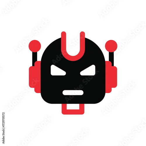 Angry Robot Icon, Black and Red Flat Design Vector Illustration
