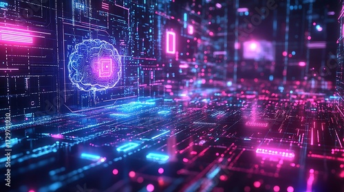 Futuristic ai hologram interface with neon lights and circuitry data visualization