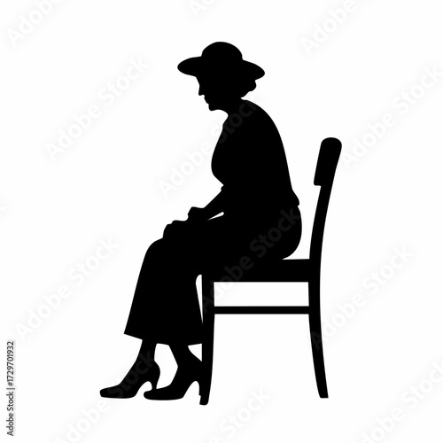 Silhouette of an elderly woman in a hat sitting patiently on a chair, capturing a quiet moment of waiting and contemplation