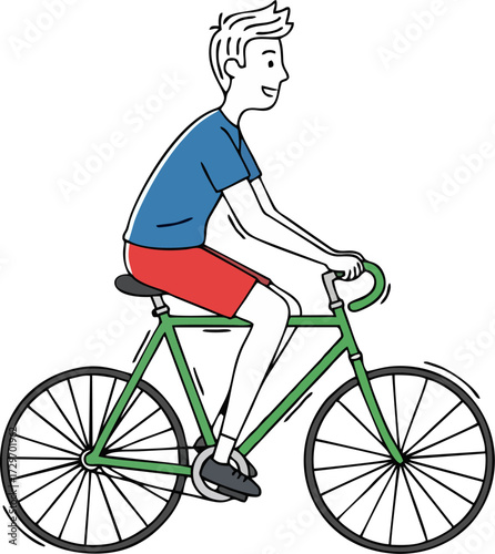A simple illustration of a  man  riding a bicycle, on a white background.