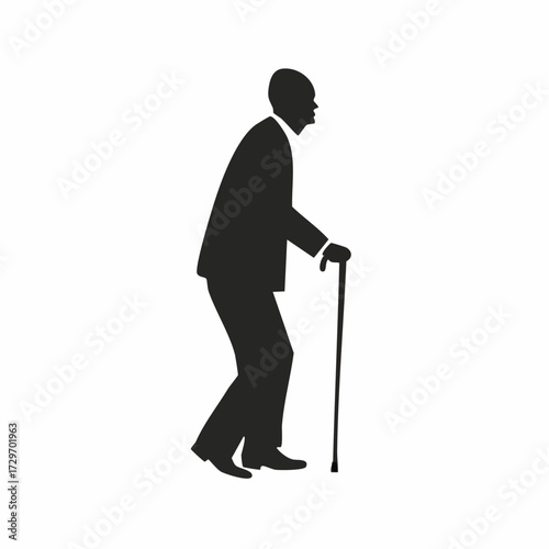 Silhouette of an elderly man in a suit walking with a cane, a symbol of aging and life's journey
