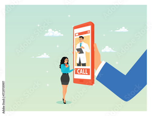 Call to doctor concept. Woman Seeks Medical Advice Via Smart phone Call From Doctor On Screen