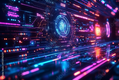 Futuristic ai interface hologram glowing with vibrant neon lights and digital data streams