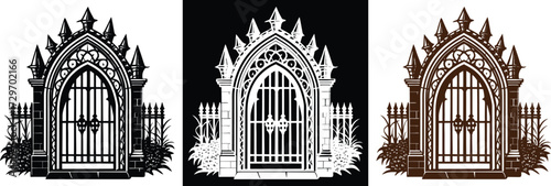 Explore a dark fantasy realm with a gothic gate illustration, perfect for adding mystery and elegance to your designs. Black, white, and sepia tones