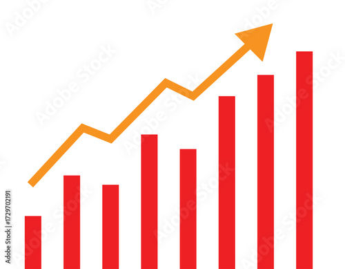 Red bar graph with an upward trending orange arrow indicating positive growth and success