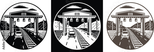 Stylish toll booth scene with car approaching in monochrome design showcases modern infrastructure and transportation solutions for travel industry ads