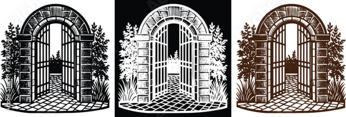 Discover a magical secret garden entrance with this artistic gate illustration in black, white, and brown for design inspiration and storybook charm
