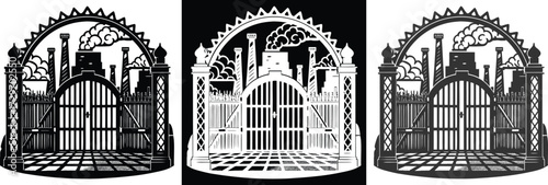 Striking industrial gate illustration, perfect for a bold statement about industry, history, or urban landscapes in a unique vector design