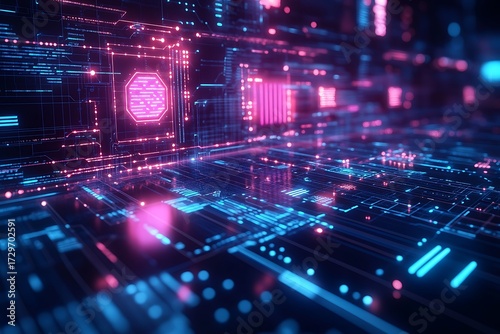 Futuristic ai hologram interface with glowing neon lights and digital network design