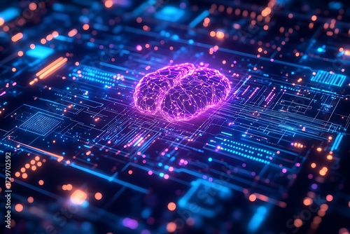 Futuristic ai hologram brain interface with glowing circuitry and data streams