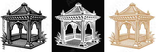 Elegant gazebo pavilion design for creative projects, available in versatile black, white, and gold color options for custom design needs
