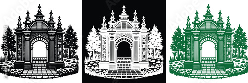 Discover the timeless allure of this decorative garden gate in black, white, and green, perfect for adding a touch of elegance to your designs