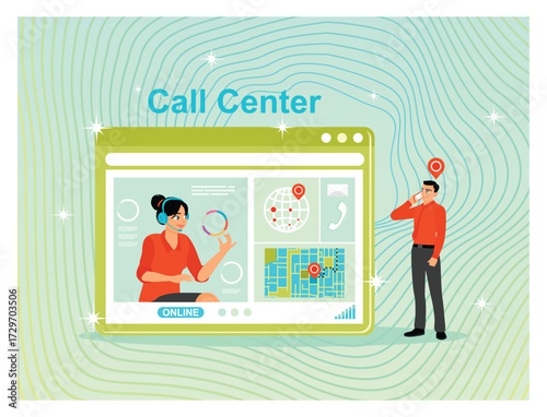 Call center concept. An online digital business landing page for telemarketing