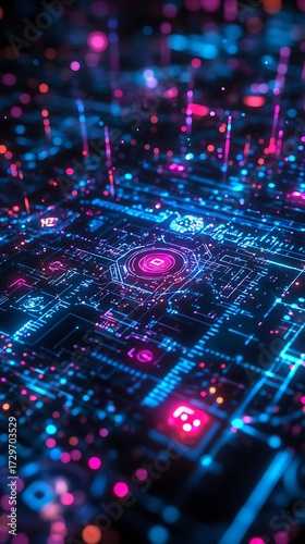 Abstract futuristic ai interface hologram with vibrant glowing neon lights and digital network patterns