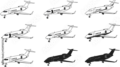 Private jet silhouette collection, business aircraft, corporate airplane, luxury aviation, executive travel, vector design, air transport, flight illustration, isolated graphic set.