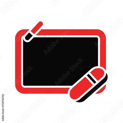 Red Blackboard Icon with Chalk and Eraser for Education