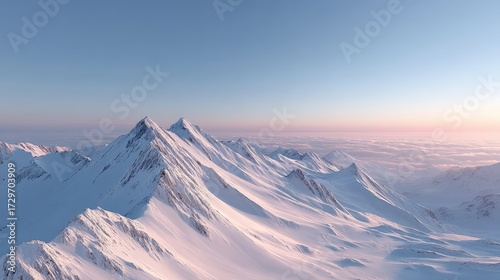 Snowy Mountain Peaks at Sunset with Soft Pink Hues and Panoramic View under Clear Sky in Winter Landscape Aerial Perspective