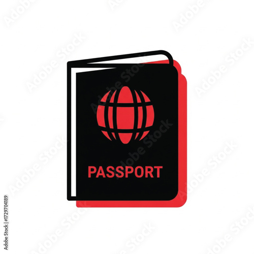 Passport Icon with Red Globe on Black Cover, Travel Document Vector