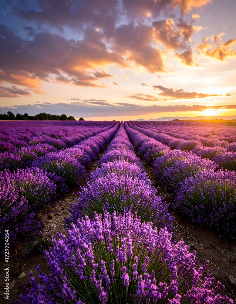 Obraz premium A Stunning Lavender Field at Sunset with Rows of Purple Blooms