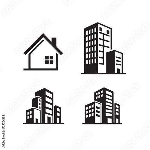 A collection of four simple black building icons, including a house and skyscrapers for real estate concepts.