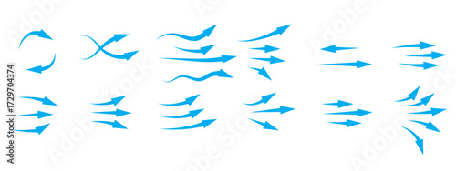 A collection of glowing blue arrow icons illustrating air flow, wind or water currents. Set of various movement arrow like straight, wavy and curved, designed on a transparent background