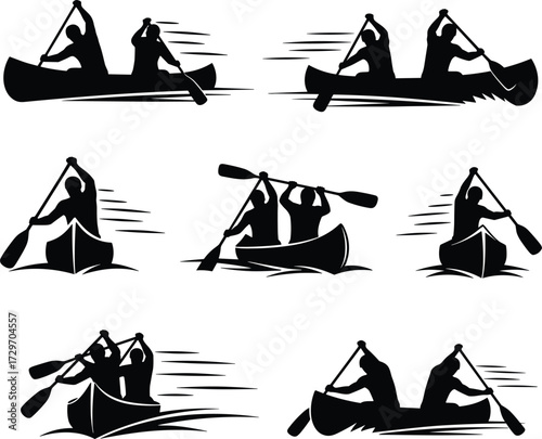 Canoe paddling silhouette, kayaking illustration, adventure sport, river rafting design, outdoor activity, canoe race vector, water sport, kayaking artwork