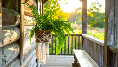 Hanging Green Fern Plant on Wooden Porch with Sunset Backlight and Bench View