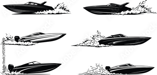 Speedboat silhouette, fast motorboat vector, powerboat illustration, water splash design, marine vessel artwork, nautical icon, ocean racing boat, sea transport graphic