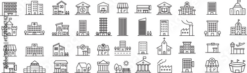 ベクターでモノクロの建築物に関する線画アイコンセット
