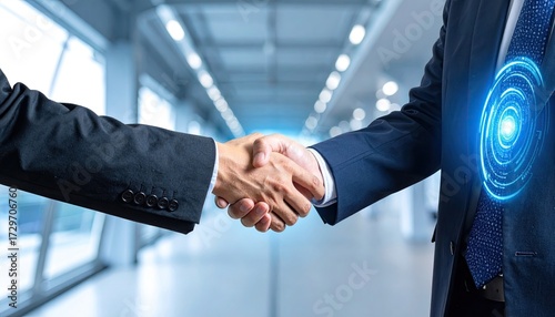 Business Handshake with Digital Vortex Overlay Against Blurred Office Background Symbolizing Collaboration and Innovation in Professional Partnerships