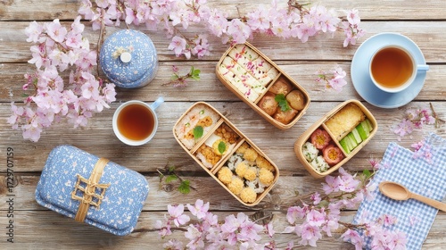 Japanese hanami picnic with bento boxes and tea under cherry blossoms, cultural holiday and traditional lifestyle concept.
