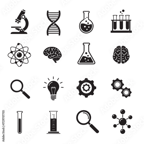 A collection of science-related icons featuring laboratory equipment, DNA, and the human brain.
