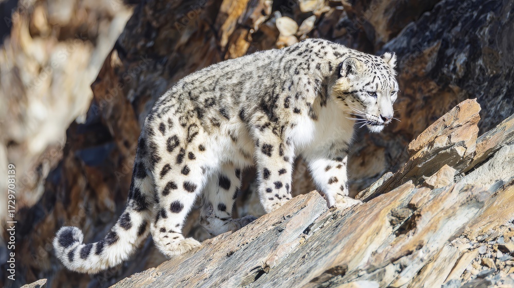 Naklejka premium Snow leopard walking on rocky mountain slope, endangered wildlife conservation and natural habitat protection concept.