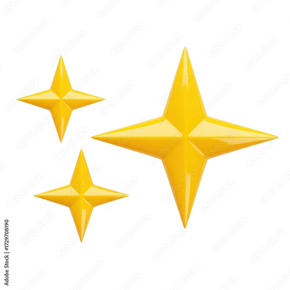 Obraz premium Three shiny golden four pointed stars sparkling brightly isolated on transparent background