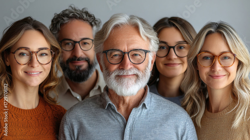 Diverse group portrait smiling people wearing glasses