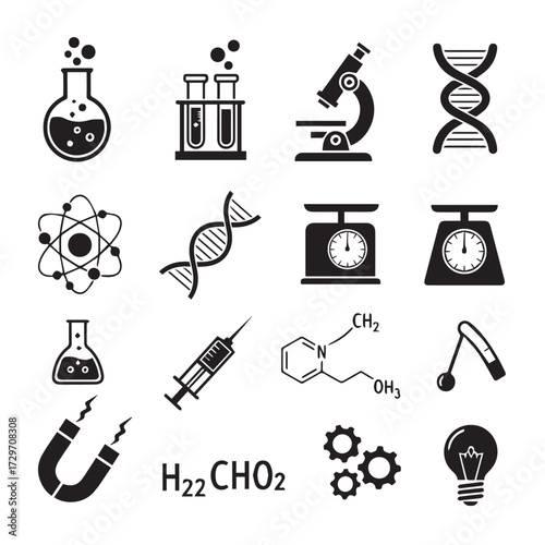 A collection of black scientific icons representing chemistry, biology, and physics concepts and laboratory equipment.