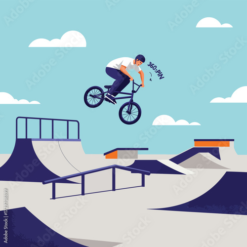 Vector Illustration of BMX Rider Performing Jump at Skatepark in Modern Flat Style with Blue and Gray Colors