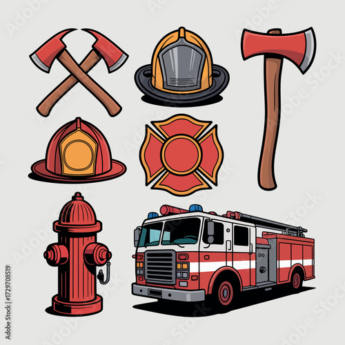 Collection of firefighter equipment and fire truck illustration